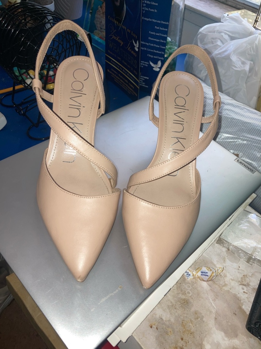 Calvin Klein Blush Pointed-Toe Cross-Strap Slingback Heels